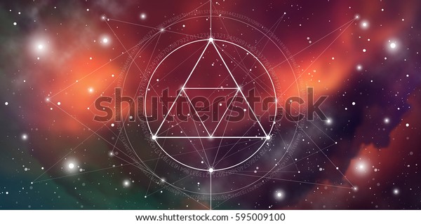 Sacred\
geometry website banner with golden ratio numbers, interlocking\
circles and triangles, flows of energy and particles in front of\
outer space background. The formula of\
nature.