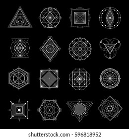 Sacred geometry white elements and symbols set isolated on black background flat vector illustration