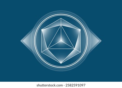 Sacred Geometry white lighting icon, Merkaba logo template, Mystical tetrahedrons symbol. Ancient esoteric symbol vector illustration isolated on blue background