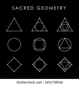 Sacred geometry white symbol set. Triangle, circle, square, rhombus with inscribed figures. Vector stock illustration.