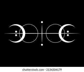 Sacred Geometry, white tattoo logo with sun, crescent moon, alchemy esoteric lunar phase, mystical magic celestial talisman. Spiritual occultism object vector illustration isolated on black background