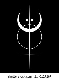 Sacred Geometry, white tattoo logo with sun, crescent moon, alchemy esoteric cross, mystical magic celestial talisman. Spiritual occultism object vector illustration isolated on black background