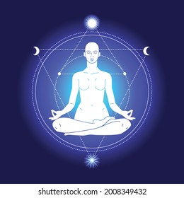 Sacred geometry. Woman ornate silhouette sitting in lotus position. Meditation, aura and chakras. 