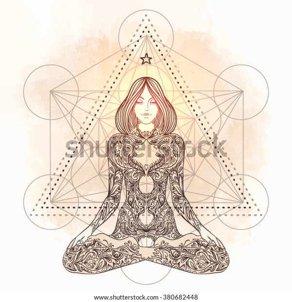 Sacred\
geometry. Woman ornate silhouette sitting in lotus pose.\
Meditation, aura and chakras. Vector\
illustration.