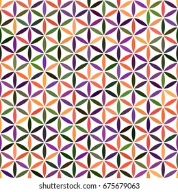 Sacred geometry yellow, purple, orange, green, violet gradient flower of life texture on white background. Seamless pattern. Abstract vector overlapping circle ornament illustration.
