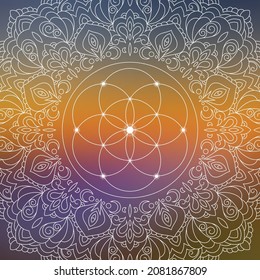 Sacred geometry zentangle inspired design template with oriental tribal ornaments. Flower of life ornamental new age art.