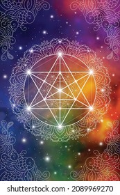Sacred geometry zentangle inspired design template with oriental tribal ornaments. Merkaba ornamental new age art on space background