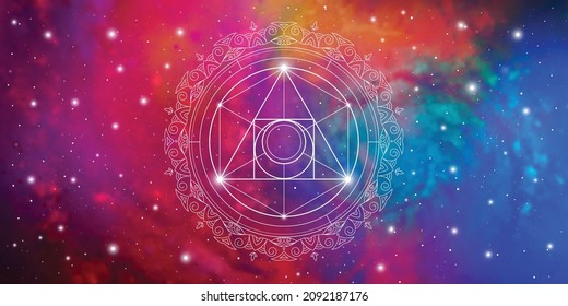 Sacred Geometry Zentangle Inspired Design Template With Oriental Tribal Ornaments. Philosopher Stone Ornamental New Age Wide Banner.  Meditation Symbol In Front Of Outer Space Background.