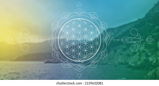 Sacred geometry zentangle inspired design template with oriental tribal ornaments. Flower of life ornamental new age art.