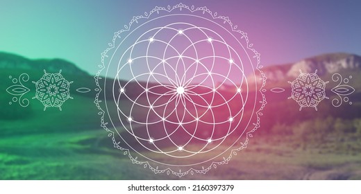 Sacred geometry zentangle inspired design template with oriental tribal ornaments. Flower of life ornamental new age art.