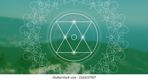 Sacred geometry zentangle inspired design template with oriental tribal ornaments. Geometric ornamental new age art.  Meditation symbol in front of outer space background.

