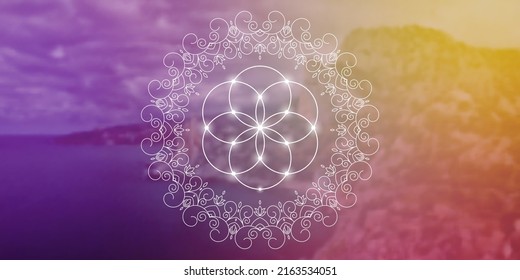 Sacred geometry zentangle inspired design template with oriental tribal ornaments. Flower of life ornamental new age art.  Meditation symbol in front of natural background.