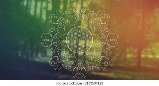 Sacred Geometry Zentangle Inspired Design Template With Oriental Tribal Ornaments. Flower Of Life Ornamental New Age Art.  Meditation Symbol In Front Of Natural Background.