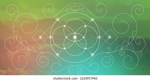 
Sacred geometry zentangle inspired design template with tribal ornaments. Flower of life ornamental new age art.Meditation symbol in front of blurry natural background