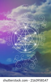 Sacred geometry zentangle inspired design template with tribal ornaments. Merkaba ornamental new age art.Meditation symbol in front of blurry natural background