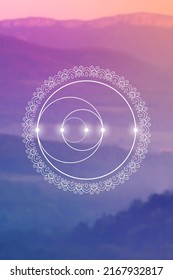 Sacred Geometry zentangle inspired design template with oriental tribal ornaments. Ornamental new age art.Meditation symbol in front of blurry nature background.
