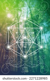 Sacred geometry zentangle inspired design template with oriental tribal ornaments. Merkaba ornamental new age art.  Meditation symbol in front of natural background.