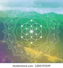 Sacred geometry zentangle inspired design template with oriental tribal ornaments. Flower of life ornamental new age art.  Meditation symbol in front of natural background.