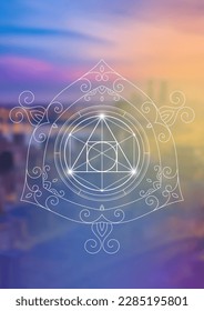 Sacred geometry zentangle inspired design template with oriental tribal ornaments. Philosopher stone ornamental new age art.  Meditation symbol in front of natural background.