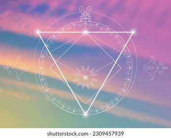 Sacred geometry zentangle inspired design template with oriental tribal ornaments. Flower of life ornamental new age art.  Meditation symbol in front of natural background.