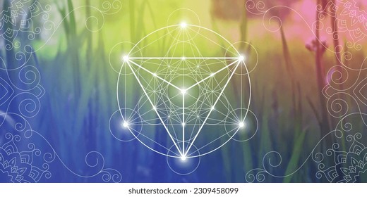 Sacred Geometrie zentangle inspirierte Design-Vorlage mit orientalischen Stammesverzierungen. Merkaba verzierte neue Alterskunst. Meditationssymbol vor Naturhintergrund.