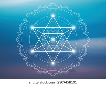 Plantilla de diseño inspirada en el zentángulo de geometría sagrada con ornamentos tribales orientales. Merkaba arte ornamental de nueva era. Símbolo de meditación frente al fondo natural.