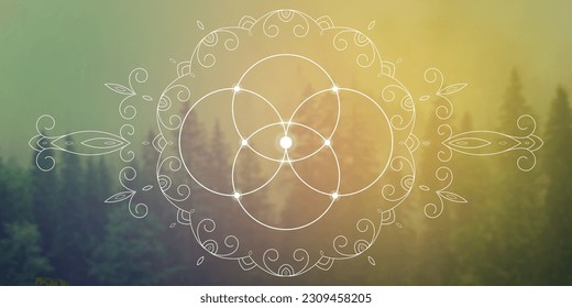 Sacred geometry zentangle inspired design template with oriental tribal ornaments. Flower of life ornamental new age art.  Meditation symbol in front of natural background.
