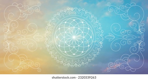 Sacred geometry zentangle inspired design template with oriental tribal ornaments. Flower of life ornamental new age art.  Meditation symbol in front of natural background.