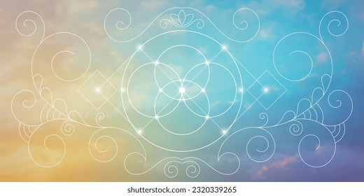 Sacred geometry zentangle inspired design template with oriental tribal ornaments. Flower of life ornamental new age art.  Meditation symbol in front of natural background.