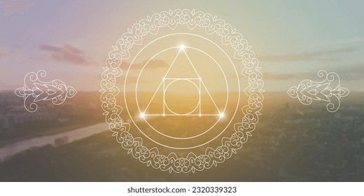 Sacred geometry zentangle inspired design template with oriental tribal ornaments. Philosopher stone ornamental new age art.  Meditation symbol in front of natural background.