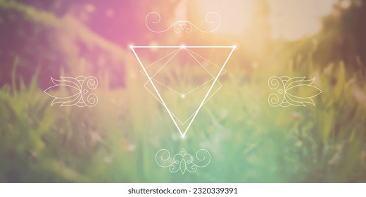 Sacred geometry zentangle inspired design template with oriental tribal ornaments. Ornamental new age art.  Meditation symbol in front of natural background.