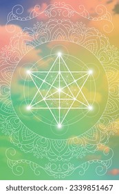 Sacred geometry zentangle inspired design template with oriental tribal ornaments. Merkaba ornamental new age art.  Meditation symbol in front of natural background.