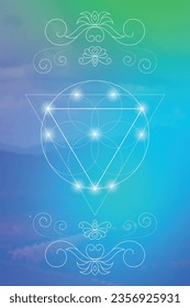Sacred geometry zentangle inspired design template with oriental tribal ornaments. Ornamental new age art.  Meditation symbol in front of natural background.