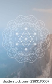 Sacred geometry zentangle inspired design template with oriental tribal ornaments. Merkaba ornamental new age art.  Meditation symbol in front of natural background.