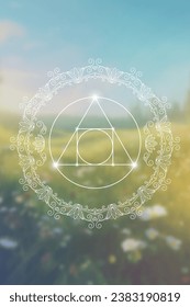 Sacred geometry zentangle inspired design template with oriental tribal ornaments. Philosopher stone ornamental new age art.  Meditation symbol in front of natural background.