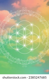 Sacred geometry zentangle inspired design template with oriental tribal ornaments. Flower of life ornamental new age art.  Meditation symbol in front of natural background.