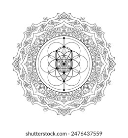 Sacred geometry zentangle inspired design template with oriental tribal ornaments. Flower of life ornamental new age art.  Meditation symbol in front of natural background.