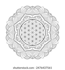 Sacred geometry zentangle inspired design template with oriental tribal ornaments. Flower of life ornamental new age art.  Meditation symbol in front of natural background.