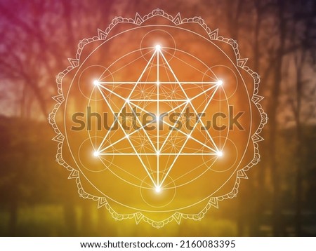 Sacred geometry zentangle inspired design template with oriental tribal ornaments. Merkaba ornamental new age art.
