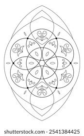 Sacred geometry zentangle style illustration. Ornamental line art tarot deck design. Romantic esoteric vector art.