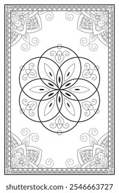 Sacred geometry zentangle style illustration. Ornamental line art tarot deck design. Romantic esoteric vector art.