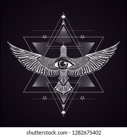 Sacred geomtry. Balck and white geometric pattern with flying bird and all seeing eye. Magic print for t shirt and tattoo art.