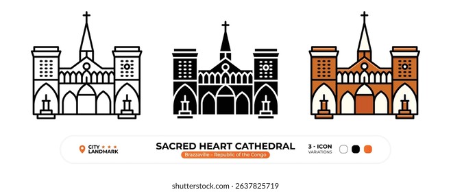 Sacred Heart Cathedral Icons – Brazzaville Landmark, Republic of the Congo 3 Variations, Editable Stroke.