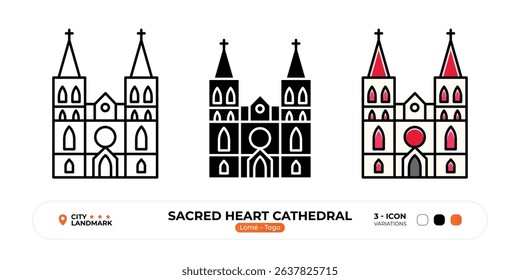 Sacred Heart Cathedral Line Icon. Brazzaville, Lome, Togo Landmark, Silhouette, Color Vector, Editable Stroke.