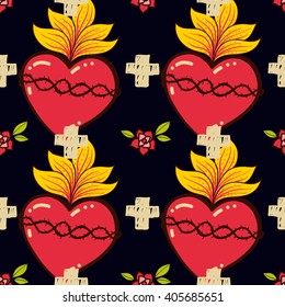 Sacred Heart, cross, rose seamless pattern old schooll tattoo style. Hand drawn vector for T-shirt, love vintage poster. Philosophy wrapping paper, textile, fabric religion,  spirituality,  magic.