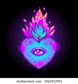 Sacred heart with eye and burning flame. Traditional Mexican heart. Hand drawn colored trendy vector illustration isolated.