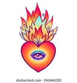 Sacred heart with eye and burning flame. Traditional Mexican heart. Hand drawn colored trendy vector illustration isolated.