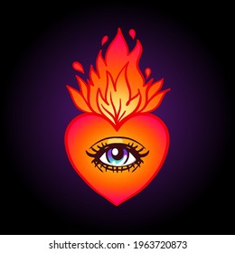 Sacred heart with eye and burning flame. Traditional Mexican heart. Hand drawn colored trendy vector illustration isolated.