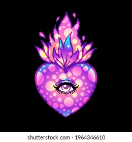 Sacred heart with eye and burning flame. Traditional Mexican heart. Hand drawn colored trendy vector illustration isolated.