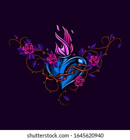 Sacred heart with floral arrangement. Colorful vector illustration of flaming heart with crown of thorns and roses ornament in engraving technique. Good for stickers, t-shirt prints, banners, icons.